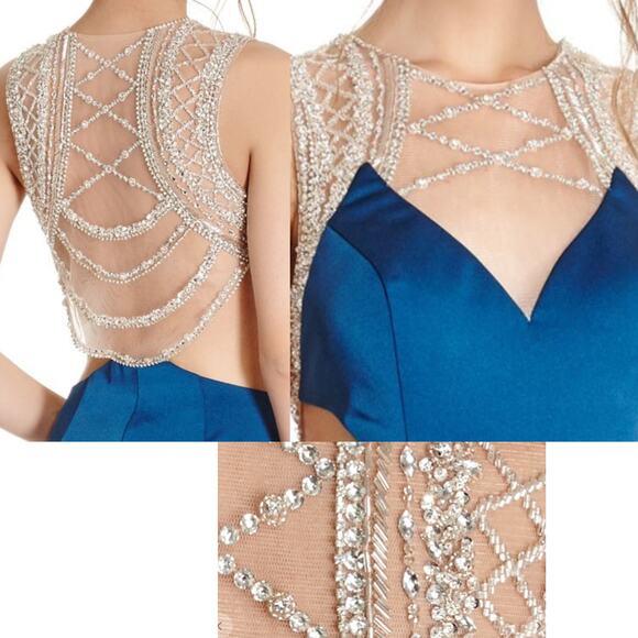 ASPEED SZ S teal silver backless hand beaded cutout mermaid maxi gown NWT B164 - Picture 2 of 12